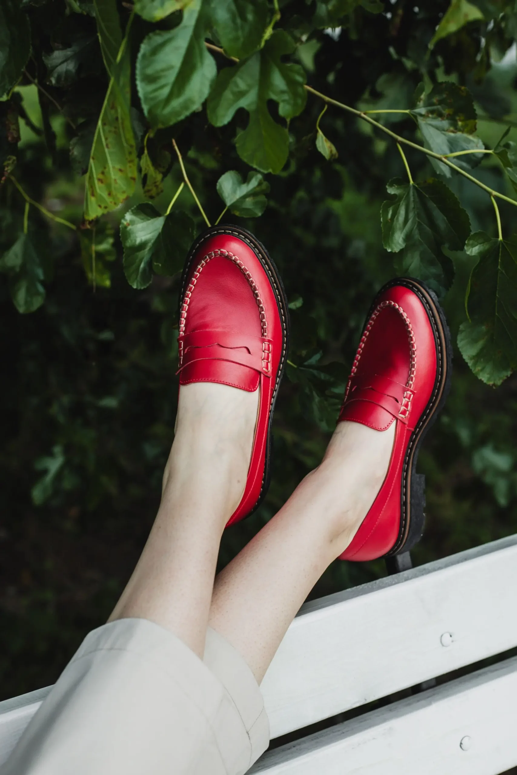 Red Penny Loafer Women Shoes, Flat Red Leather Loafers