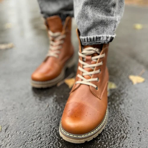 Women’s Camel Leather Winter Combat Boots
