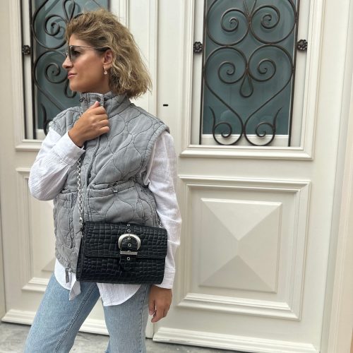 Black Leather Shoulder Bag Women Purse Silver Chain