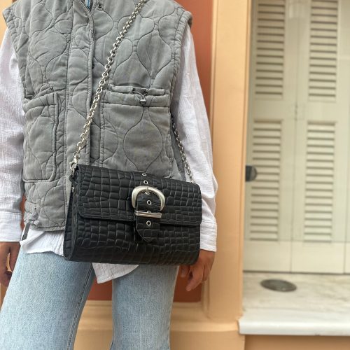 Black Leather Shoulder Bag Women Purse Silver Chain