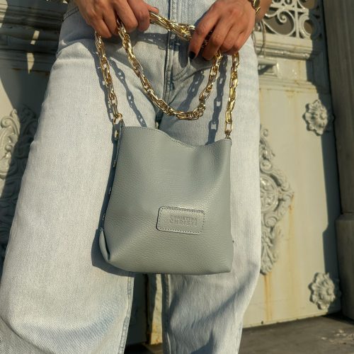 Handmade Blue Leather Bucket Bag Women Purse Gold