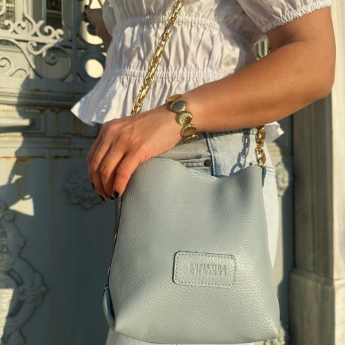 Handmade Blue Leather Bucket Bag Women Purse Gold